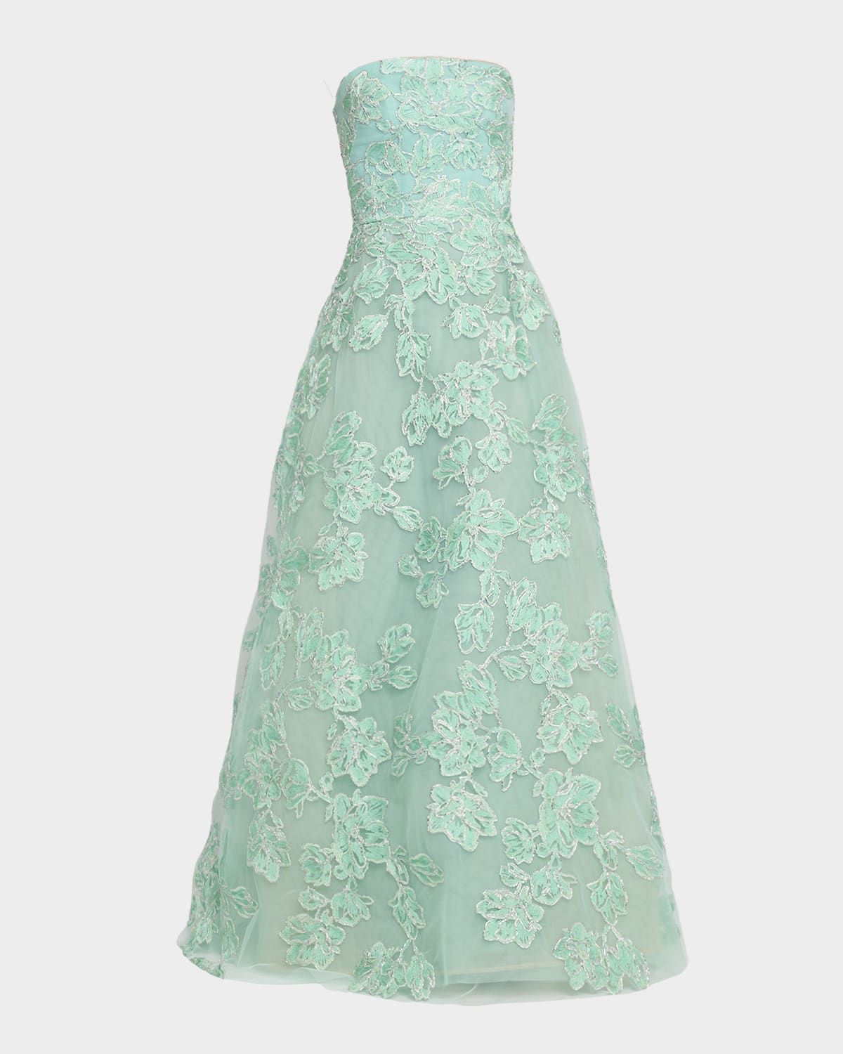 Floral Metallic Raffia Embroidered Tulle Strapless Gown