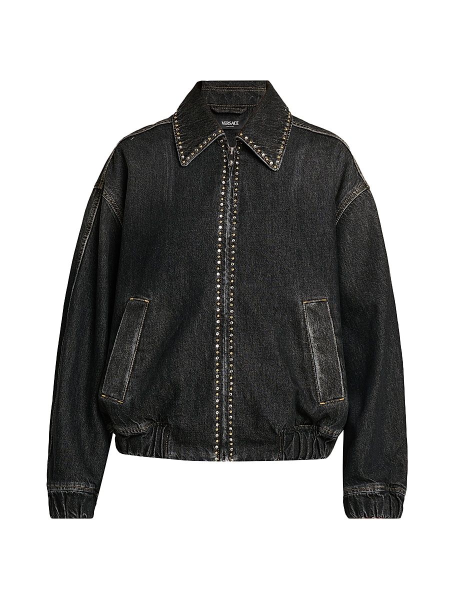 Women's Studded Stone-Washed Denim Jacket - Black - Size 12