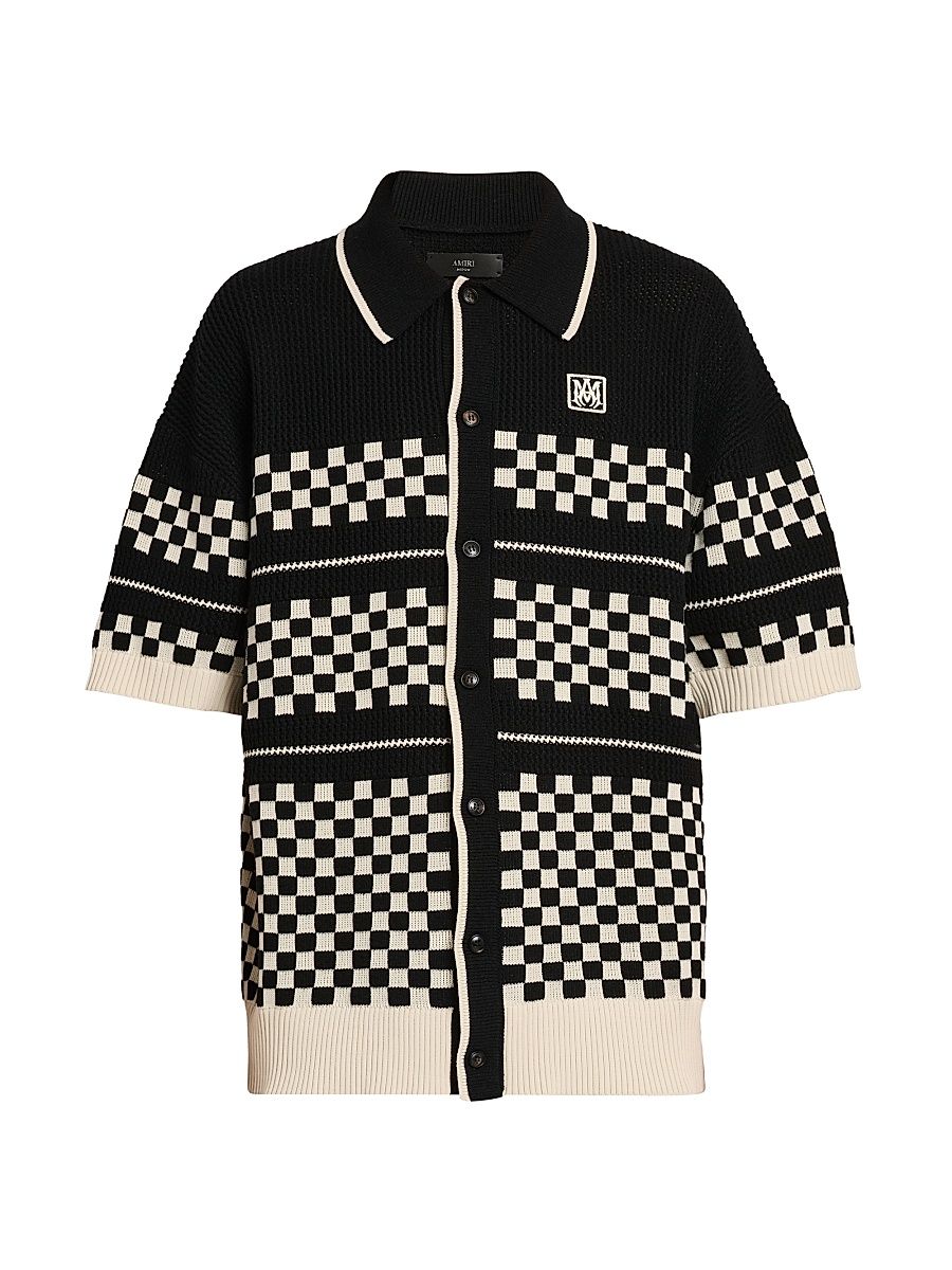 Men's Checkered Wool Knit Button-Front Shirt - Black - Size Small