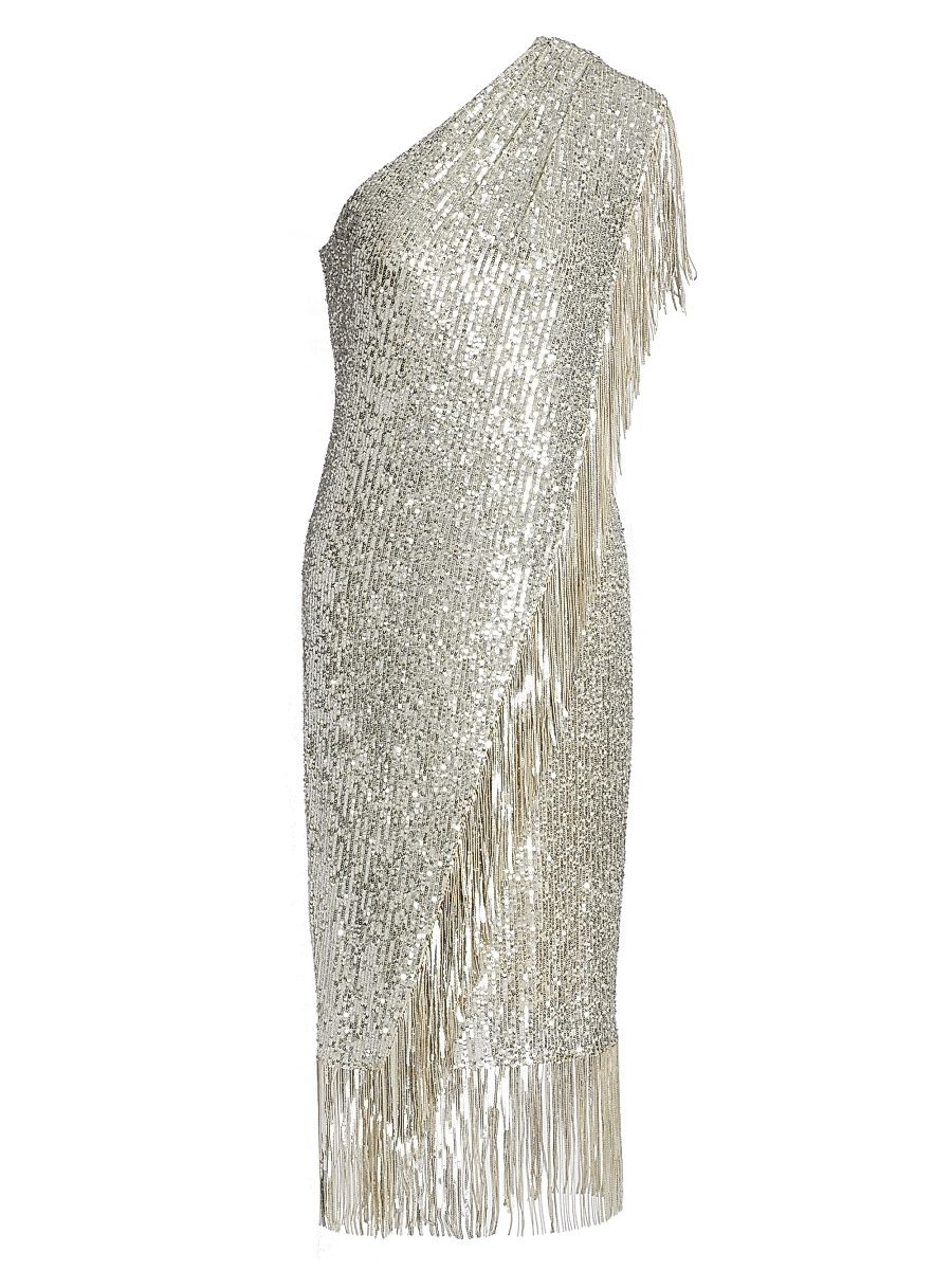 Women's Fringed Sequin One-Shoulder Dress - Silver - Size 4