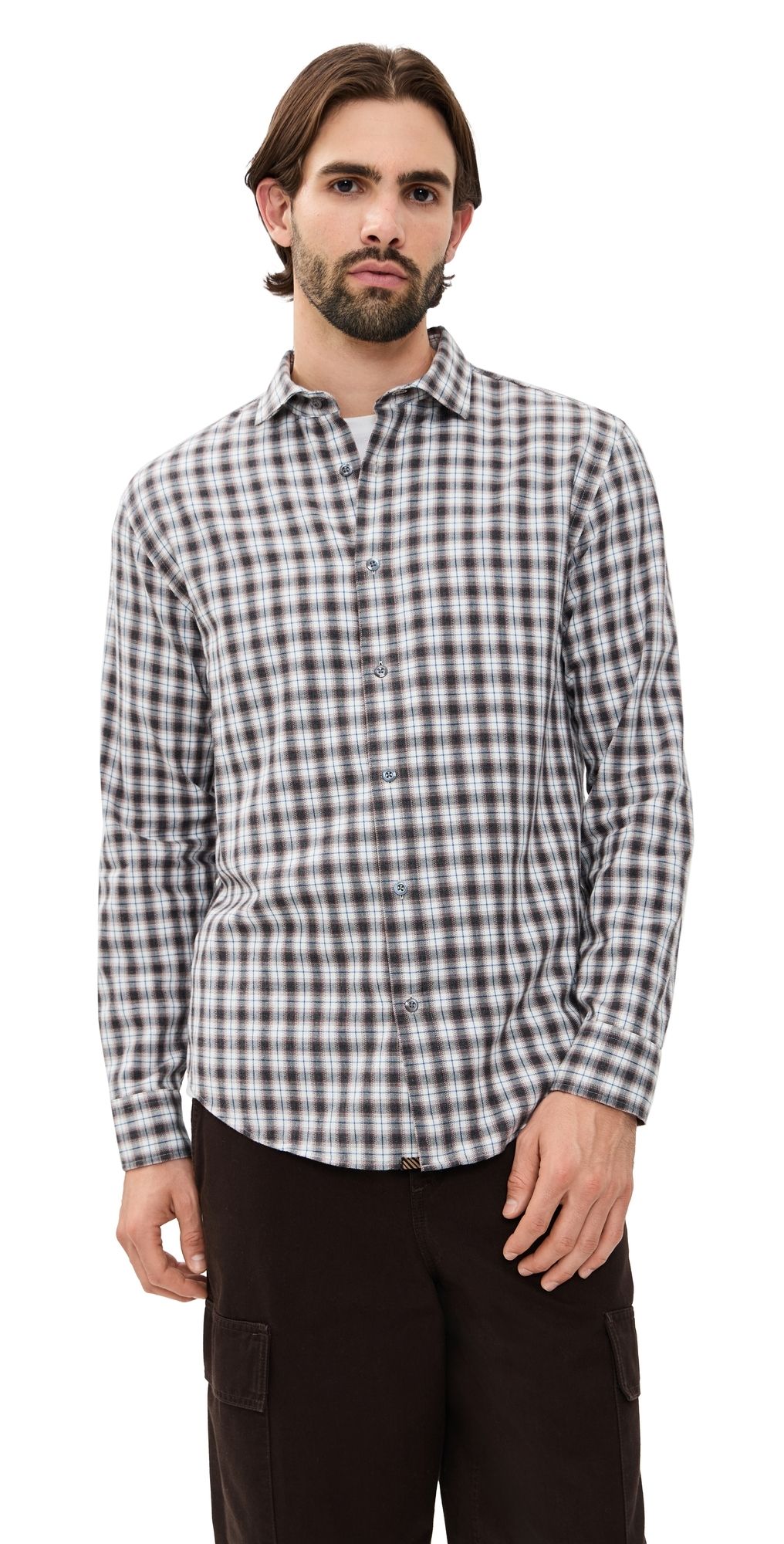 Billy Reid Mixed Plaid Hutcheson Sport Shirt Brown Multi L