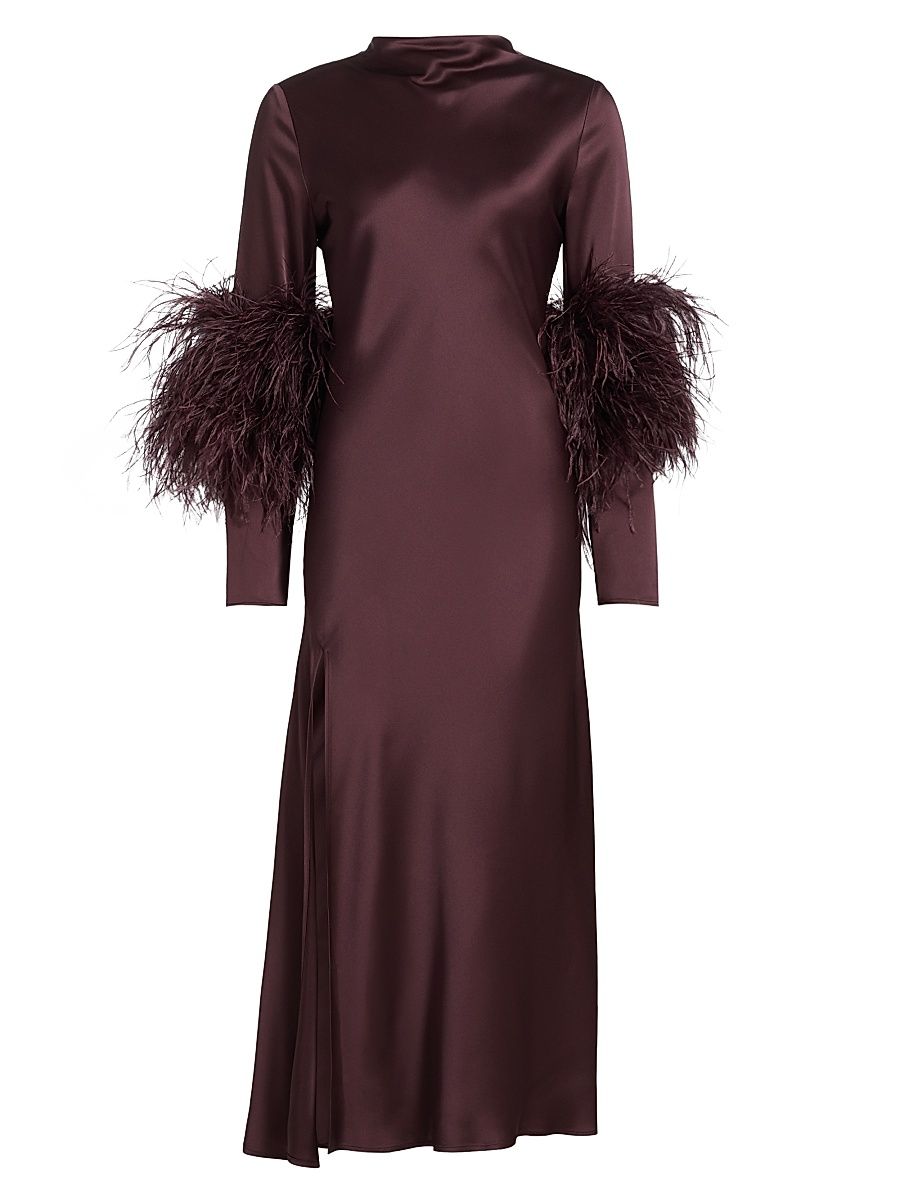 Women's Feather-Cuff Satin Midi-Dress - Mulberry - Size 12