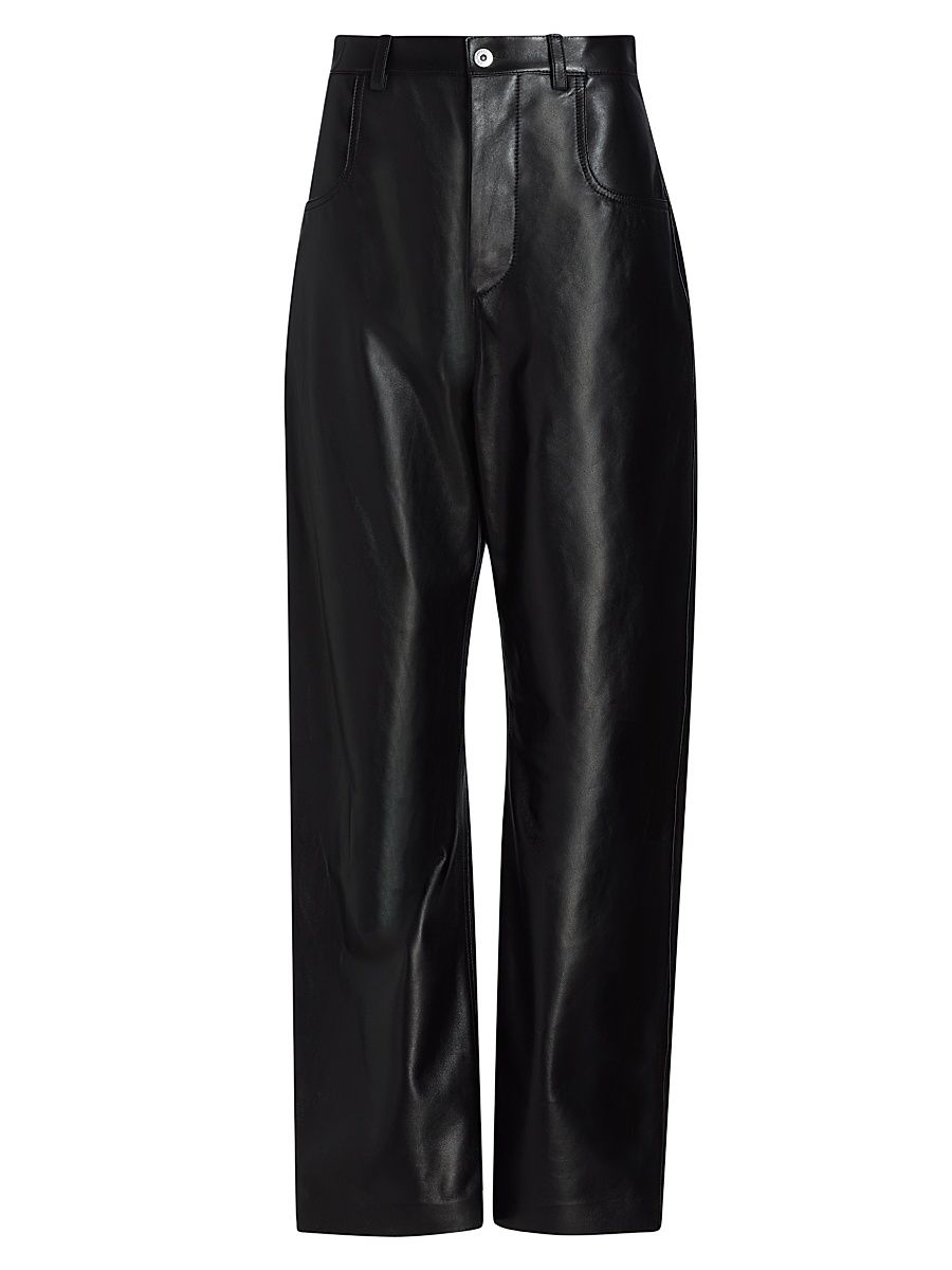Women's Leather Relaxed-Fit Trousers - Double Black - Size 6