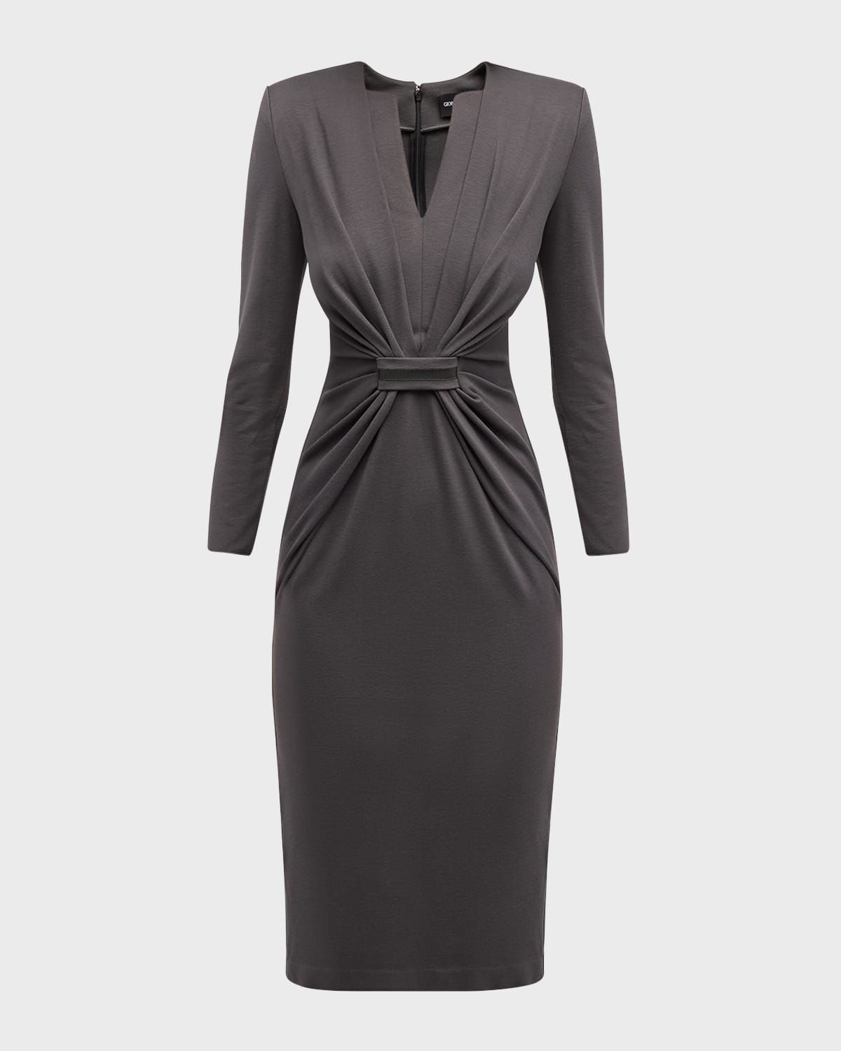Tab-Front Gathered Jersey Sheath Dress