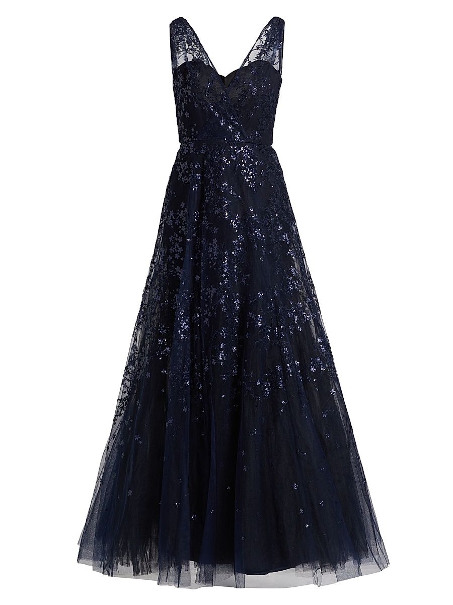 Women's Sequined Tulle Gown - Navy - Size 12