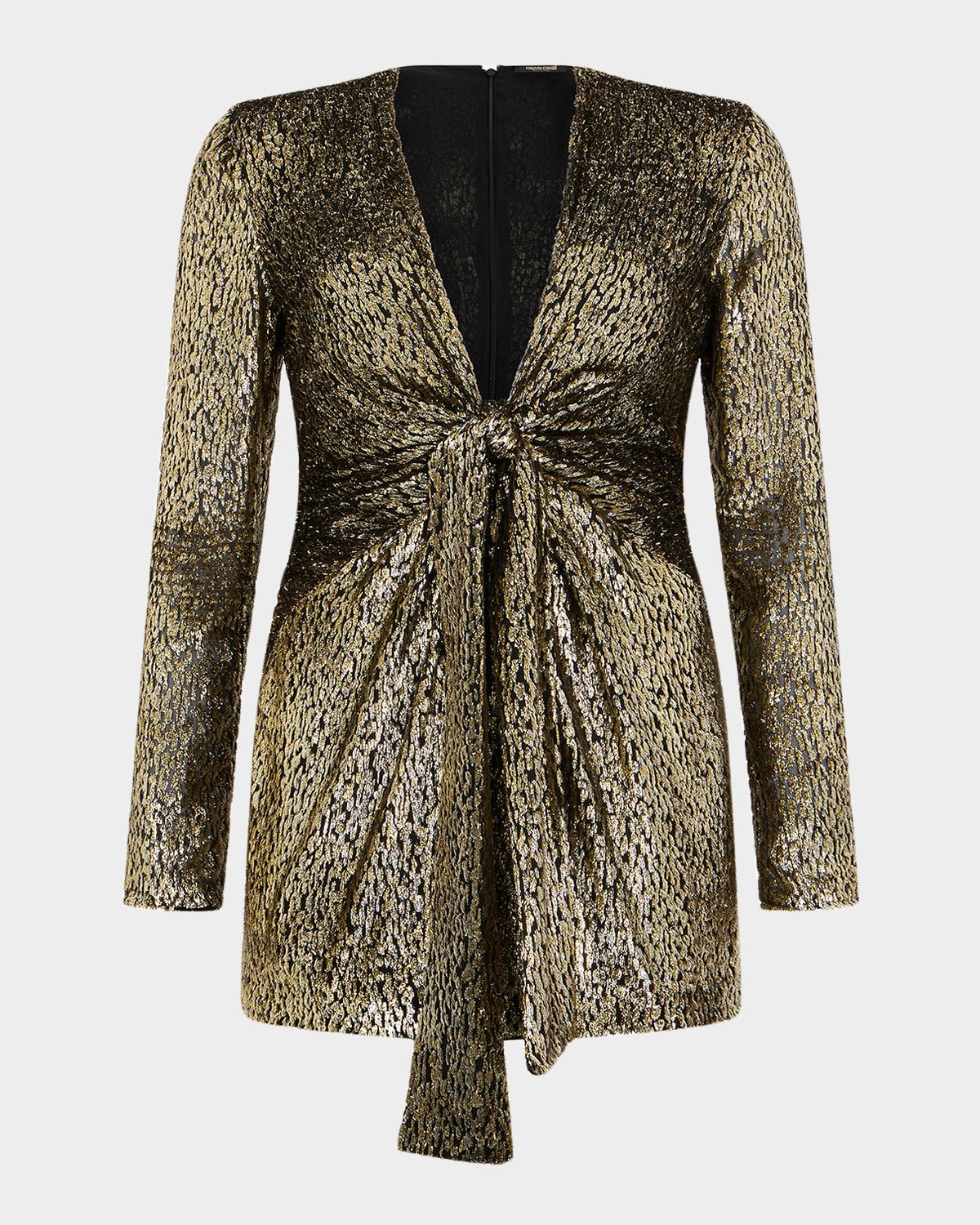 Knotted Metallic Velvet Jacquard Long-Sleeve Mini Dress