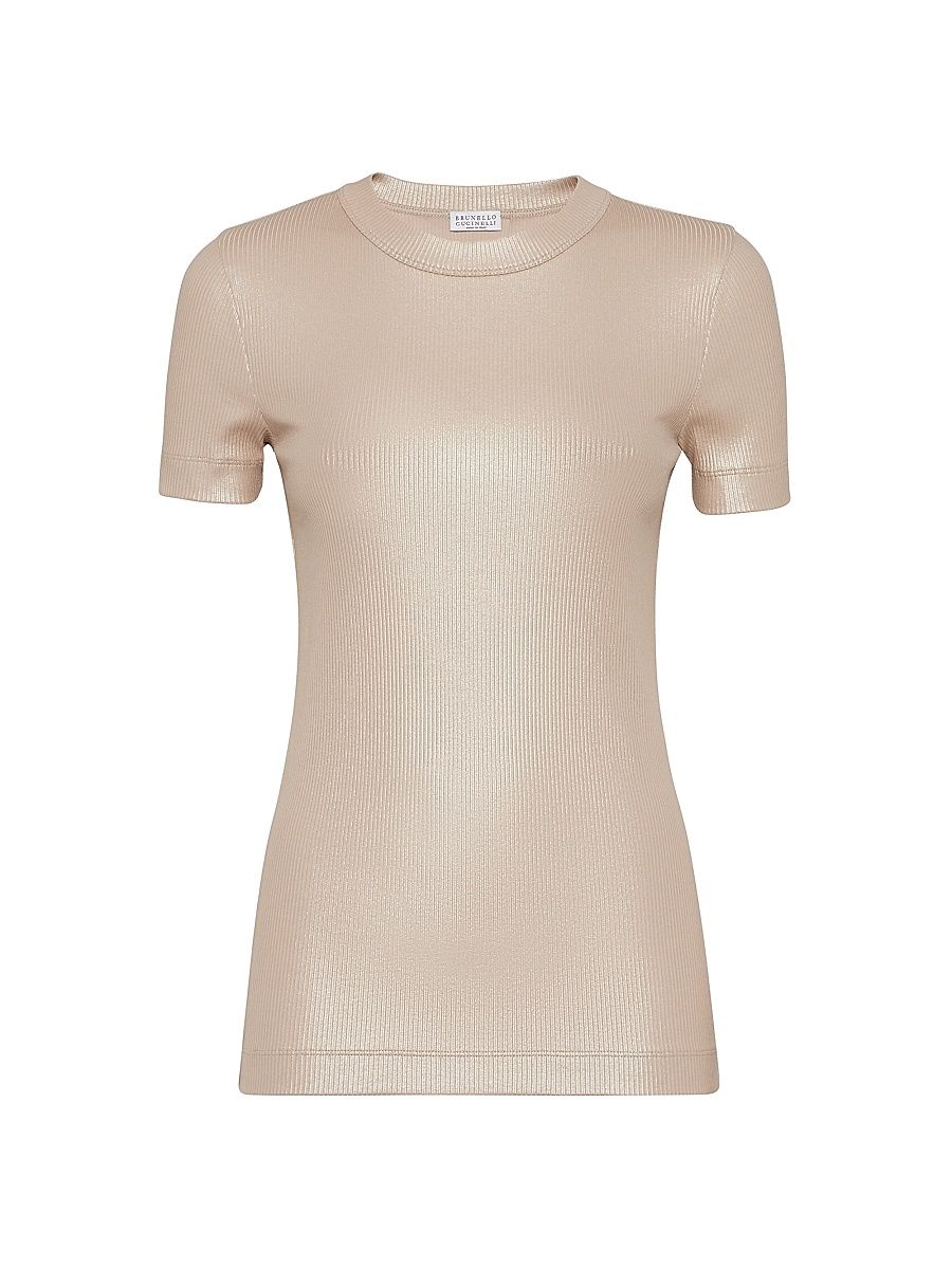 Women's Sparkling Stretch Cotton Ribbed Jersey T-Shirt - Sand - Size XXS