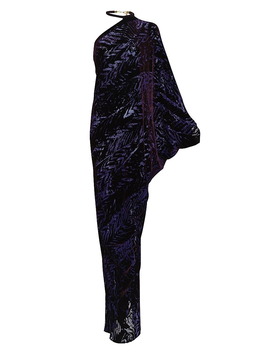 Women's Erica Stripe Velvet One-Shoulder Gown - Eggplant Velvet - Size Medium