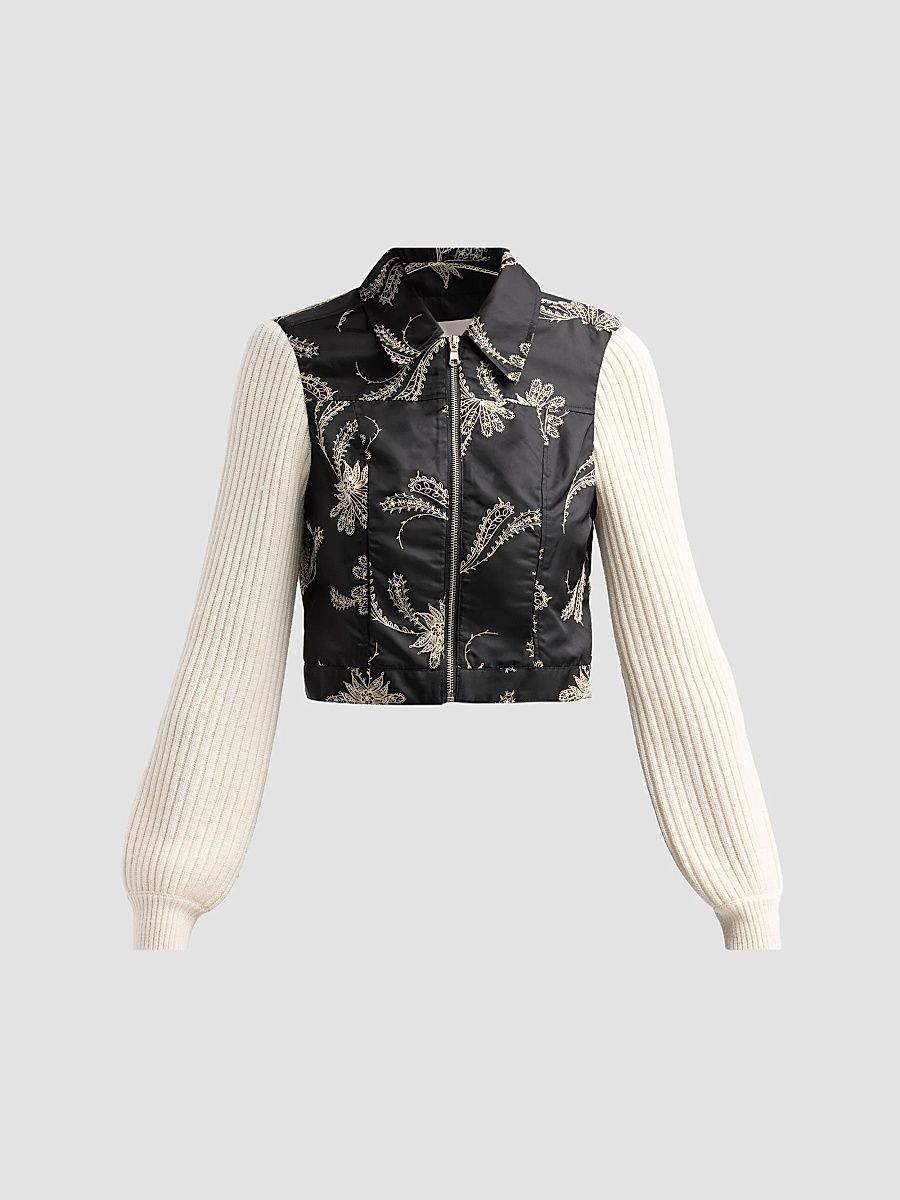 Women's Ciara Paisley Fan Mixed-Media Jacket - Black Gardenia - Size XL