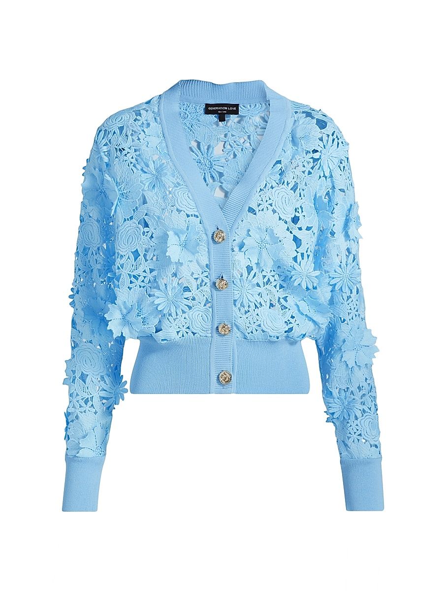 Generation Love Women's Harlow Floral Lace Appliqué Cardigan - Blue Breeze - Size Medium