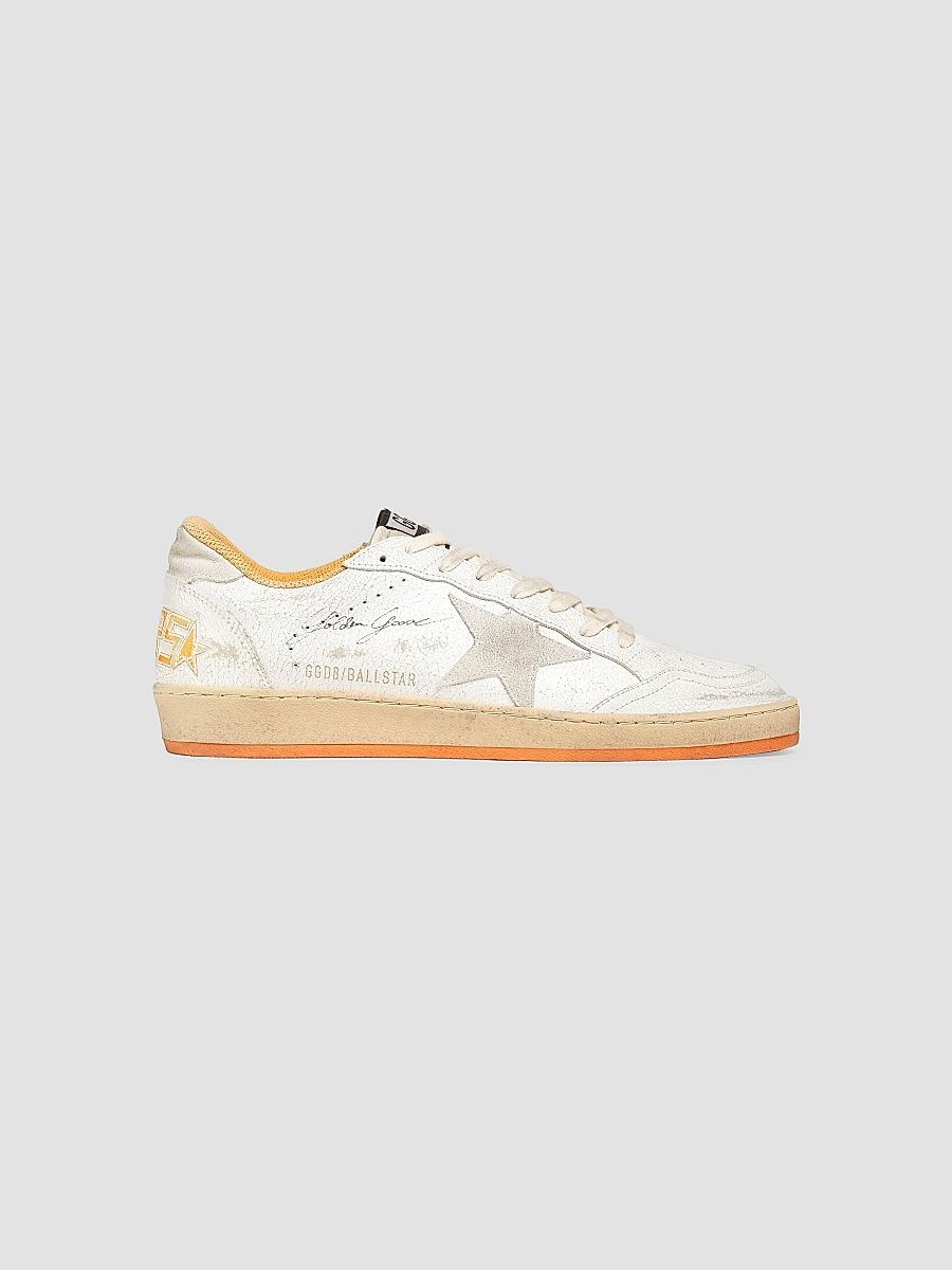 Men's Ball Star Crackled Leather Sneakers - White Beige Orange - Size 14