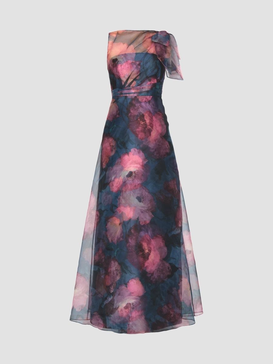 Kay Unger Women's Jocelyn Poppy Print Chiffon A-Line Gown - Chambray Multi - Size 0