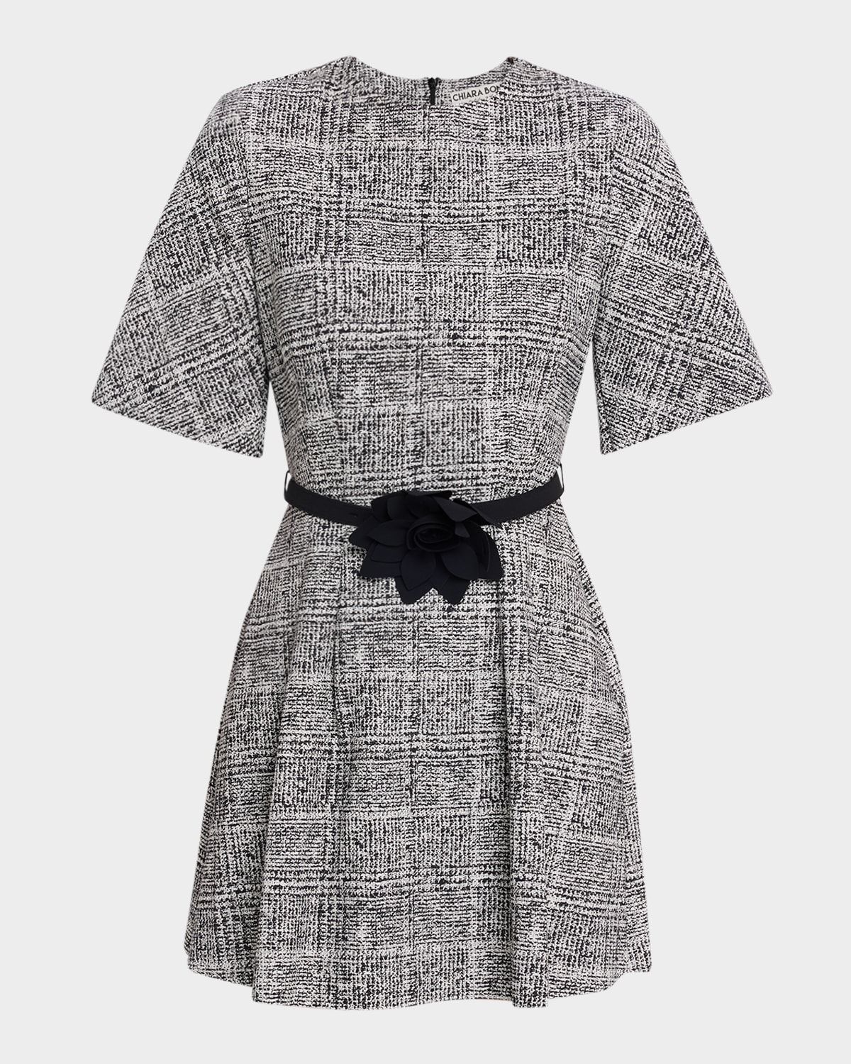 Pleated Tweed-Print Mini Dress