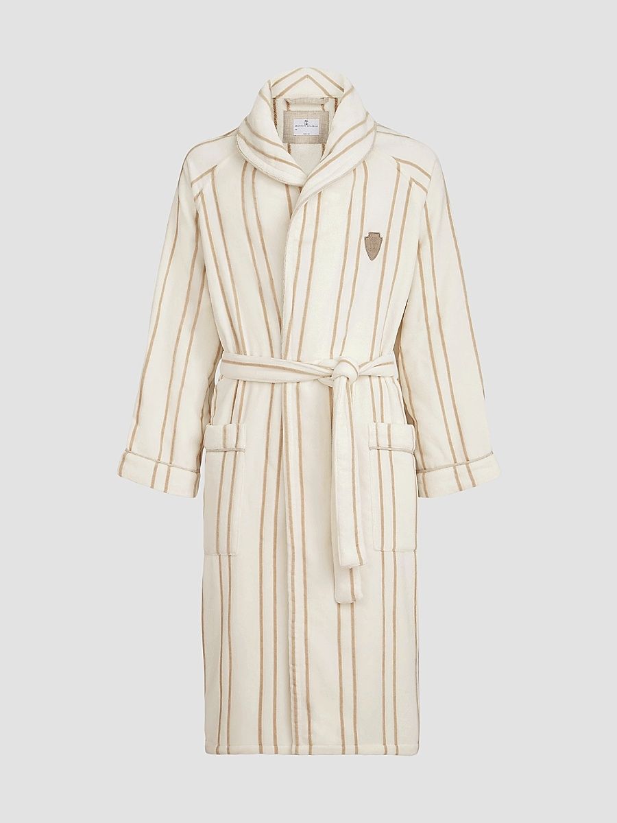 Women's Striped Cotton Terrycloth Bathrobe with Logo - Ivory - Size Large