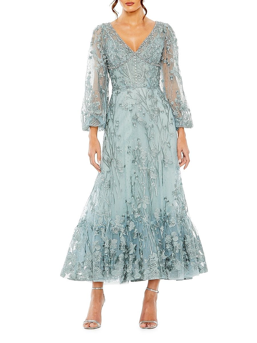 Women's Embroidered Floral Puff-Sleeve Gown - Seafoam - Size 10