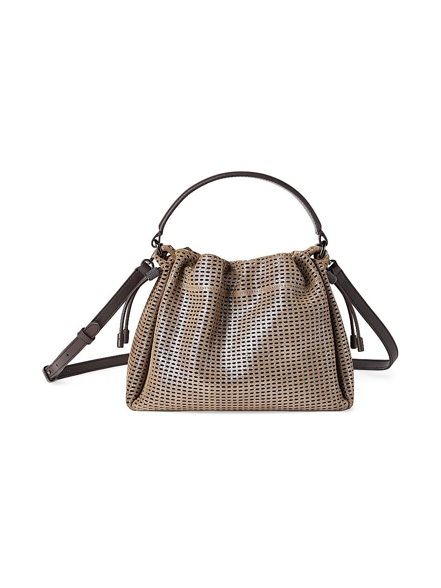 Women's Mellow Small Bucket Bag in Sparkling Leather Net with Monili - Brown