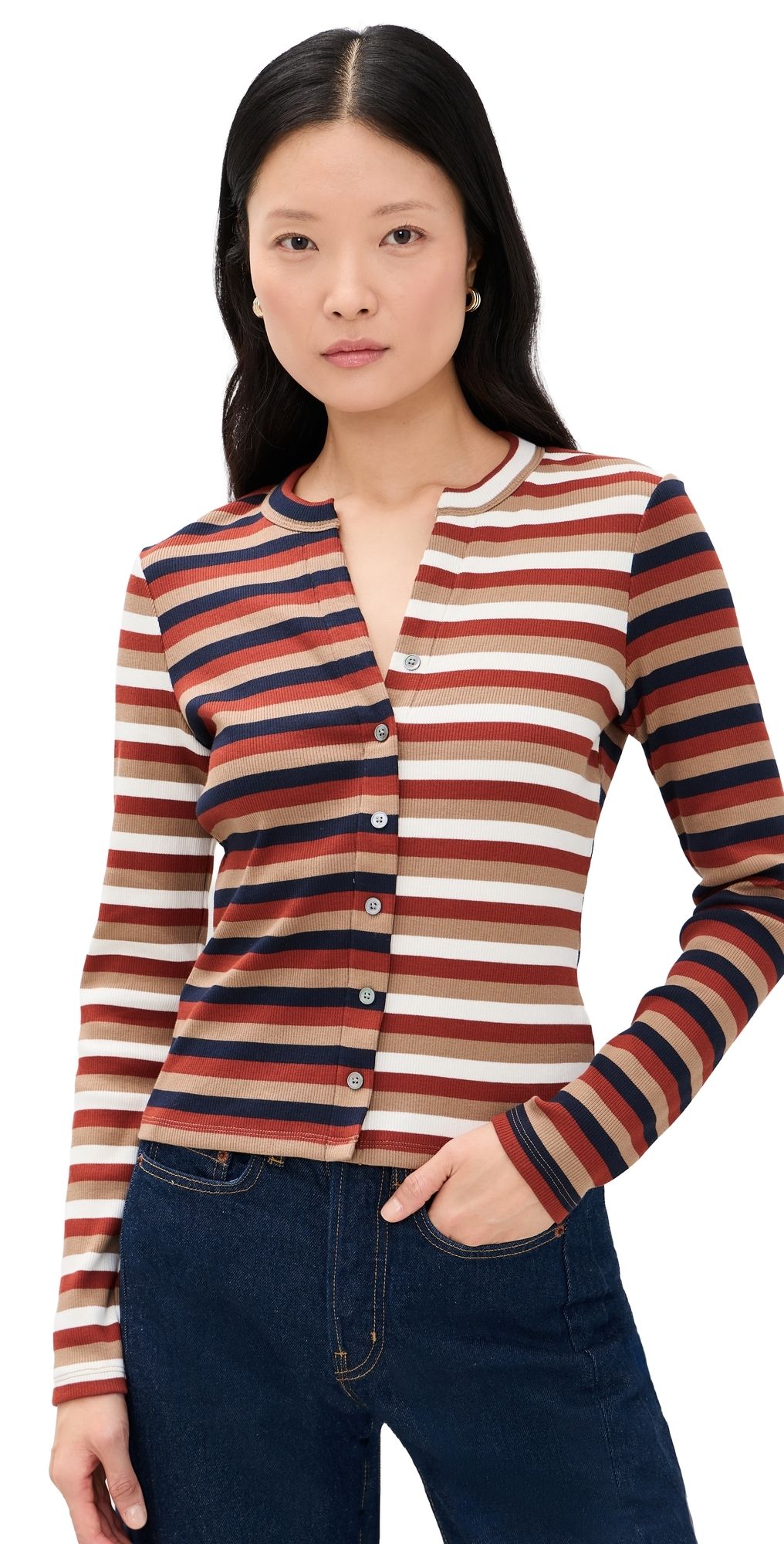 Veronica Beard Jean Long Sleeve Dilia Top Malt/Navy/Red Oak L
