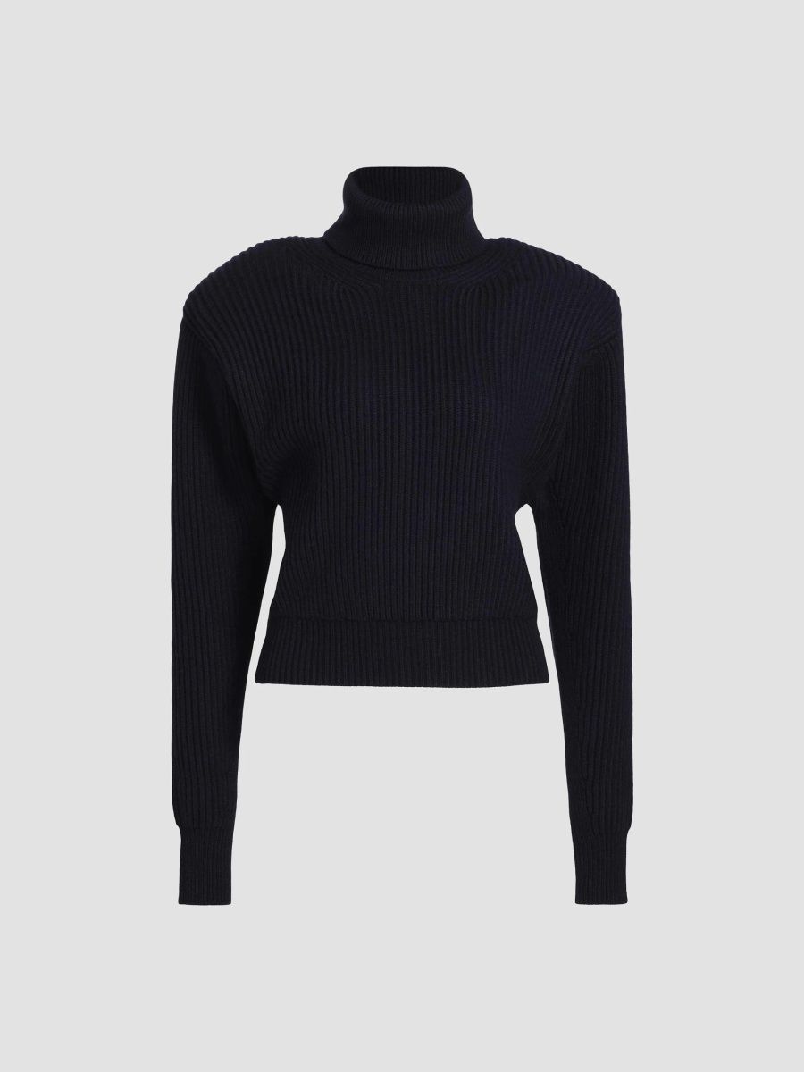 Ronny Kobo Women's Camilla Rib-Knit Long-Sleeve Turtleneck Top - Navy - Size Medium