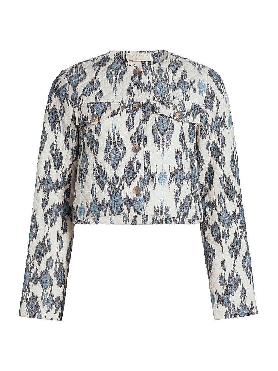 Women's Dione Printed Cotton Crop Jacket - Celeste - Size Large