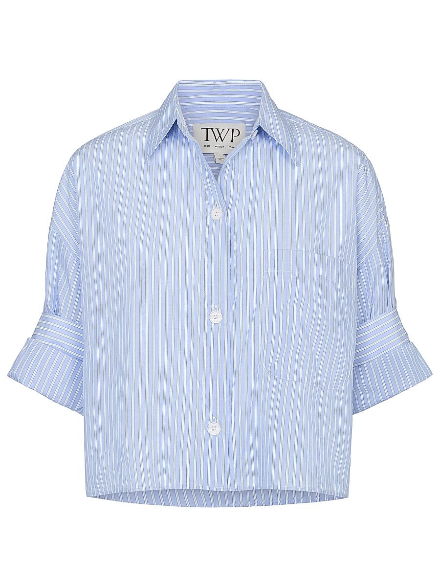 Women's Next Ex Striped Cotton Crop Shirt - Blue Haven White - Size Medium