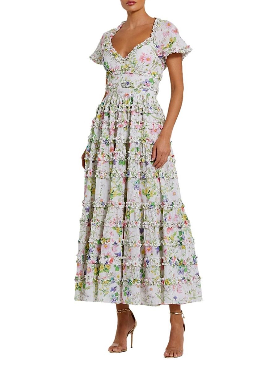 Women's Floral Ruffle Open-Back Cocktail Dress - White Multi - Size 18