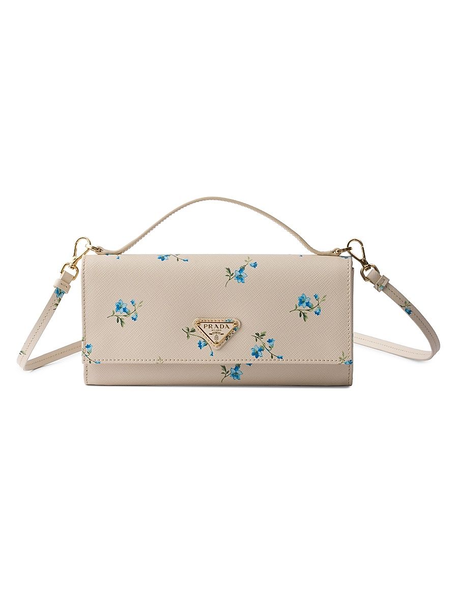 Women's Printed Saffiano Leather Wallet with Shoulder Strap - Beige Khaki