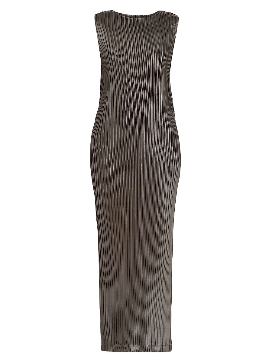 Women's Glossed Metal Pleats Maxi Dress - Khaki - Size Small