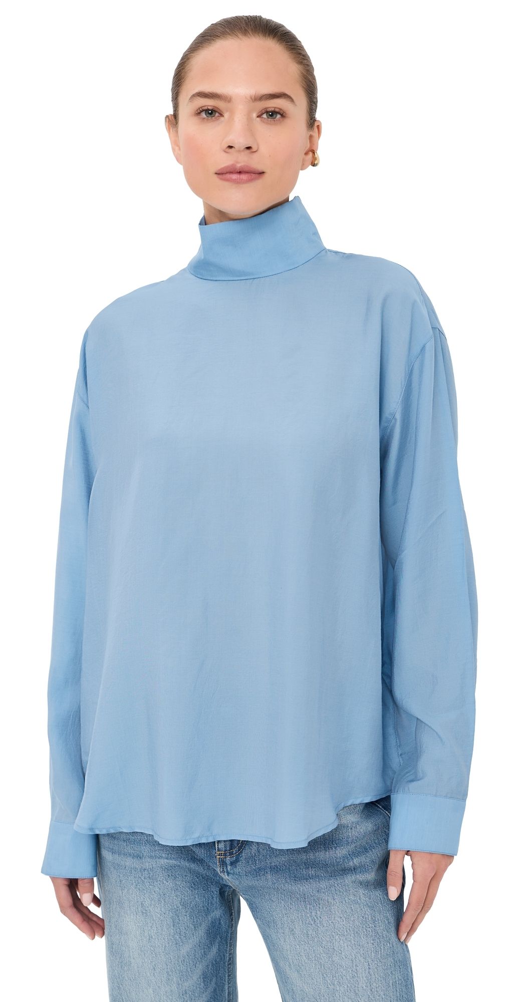 Tibi Ultra Light Silk Tencel Funnel Neck Shirt Blue XL