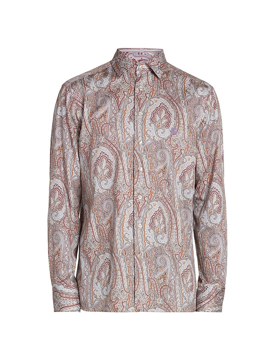 Men's Paisley Cotton Button-Front Shirt - Printed Grey Base - Size 36