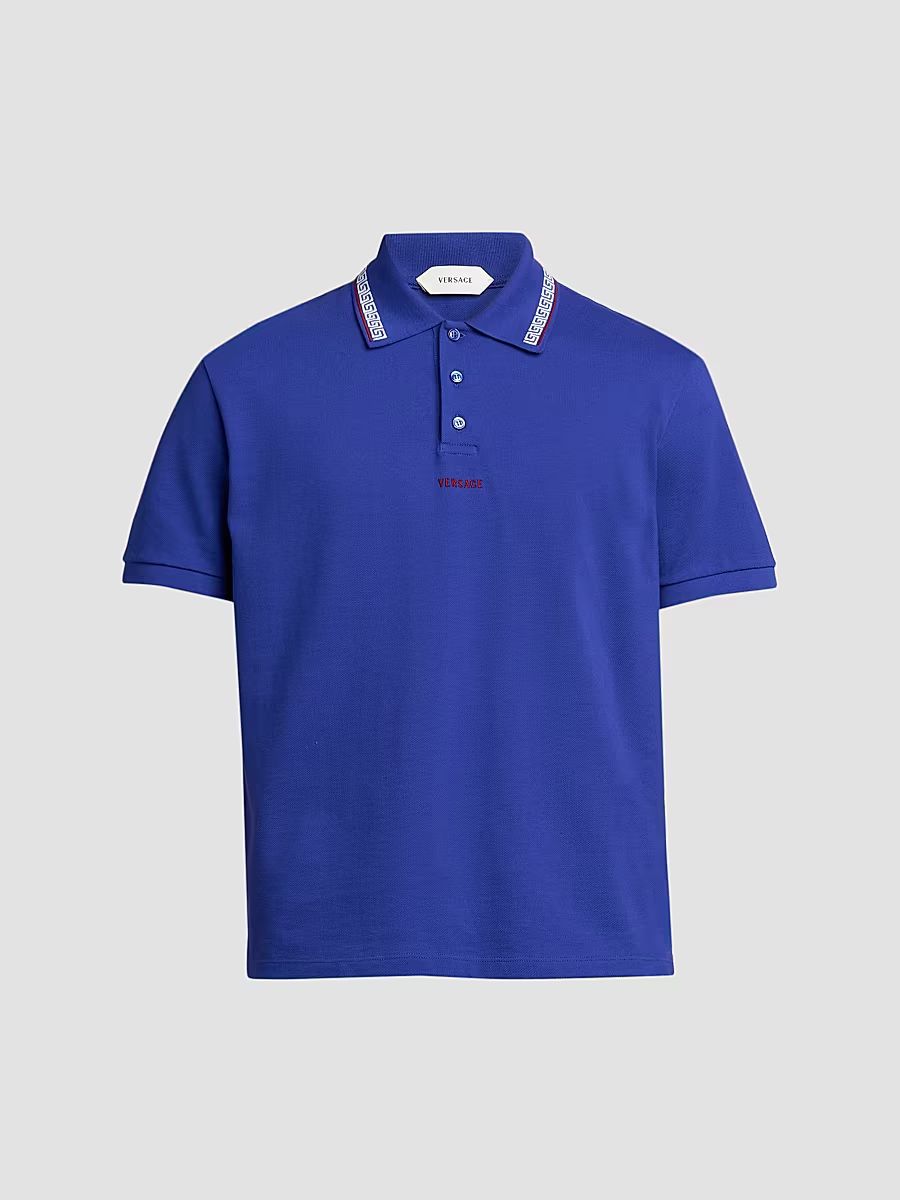 Men's Greca Embroidered Cotton Polo Shirt - Bright Ink Blue - Size XL