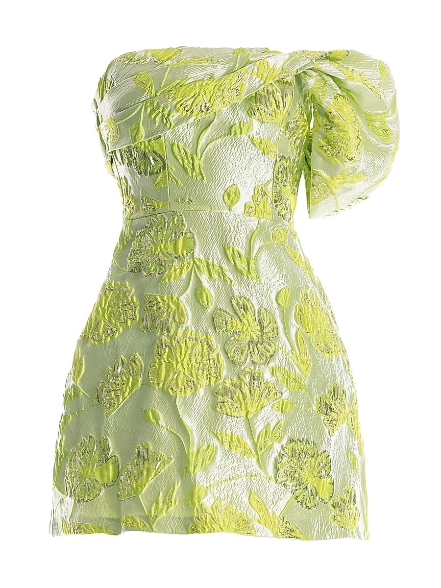 Women's Olive Floral Jacquard Off-the-Shoulder One-Sleeve Minidress - Lemongrass Multi - Size XL