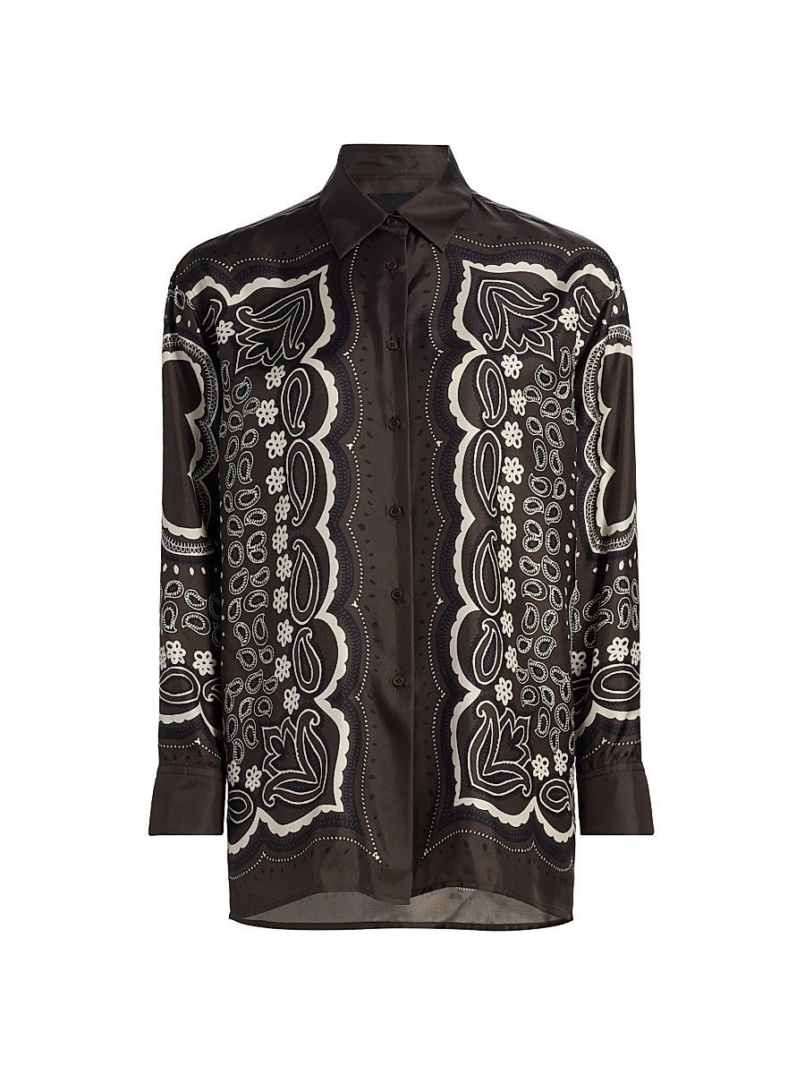 Women's Alfie Printed Silk Shirt - Brown Ivory Bandana Print - Size XL