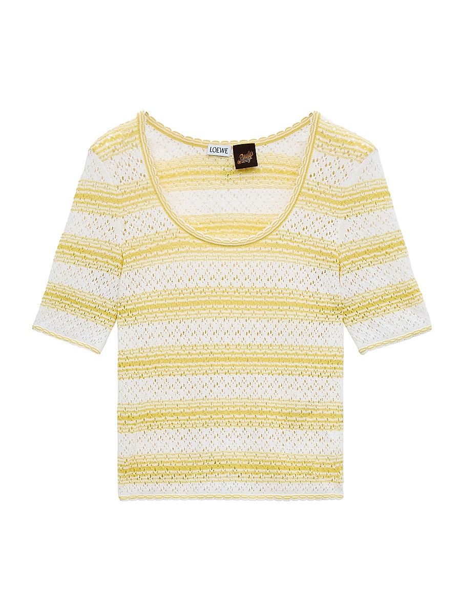 Women's LOEWE x Paula's Ibiza Stripe Cotton-Blend Short-Sleeve Sweater - White Yellow - Size Large