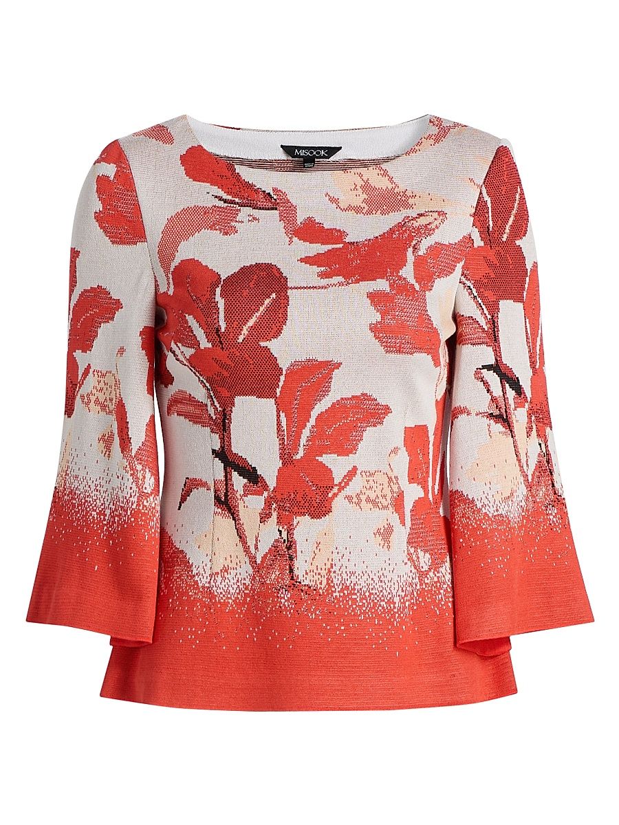 Women's Floral Jacquard Bell Sleeve Top - Cherry Ember Peach - Size Small