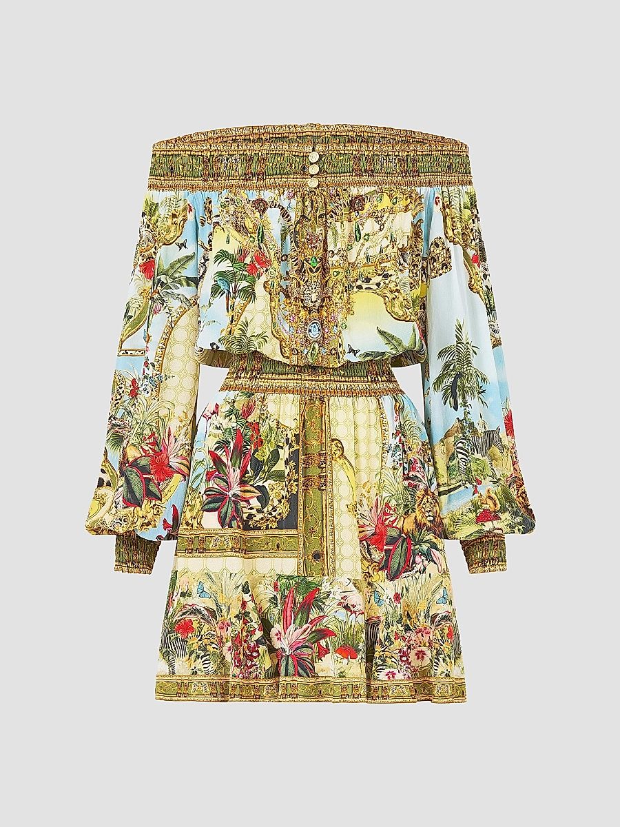 Women's Wanderlust Empire Print Silk Off-the-Shoulder Mini Dress - Wanderlust Empire - Size Small