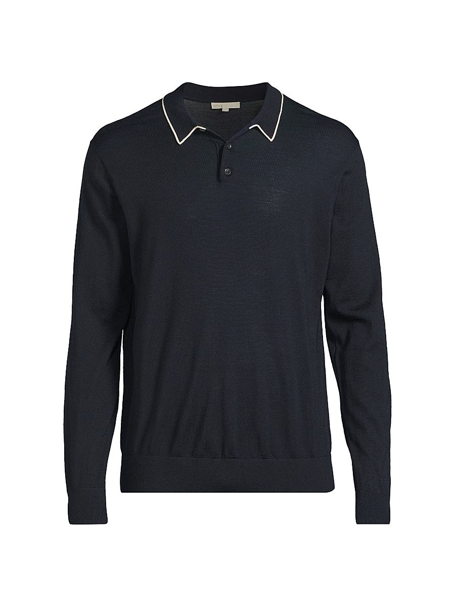 Men's Merino Wool Long-Sleeve Polo Shirt - Midnight White - Size XL