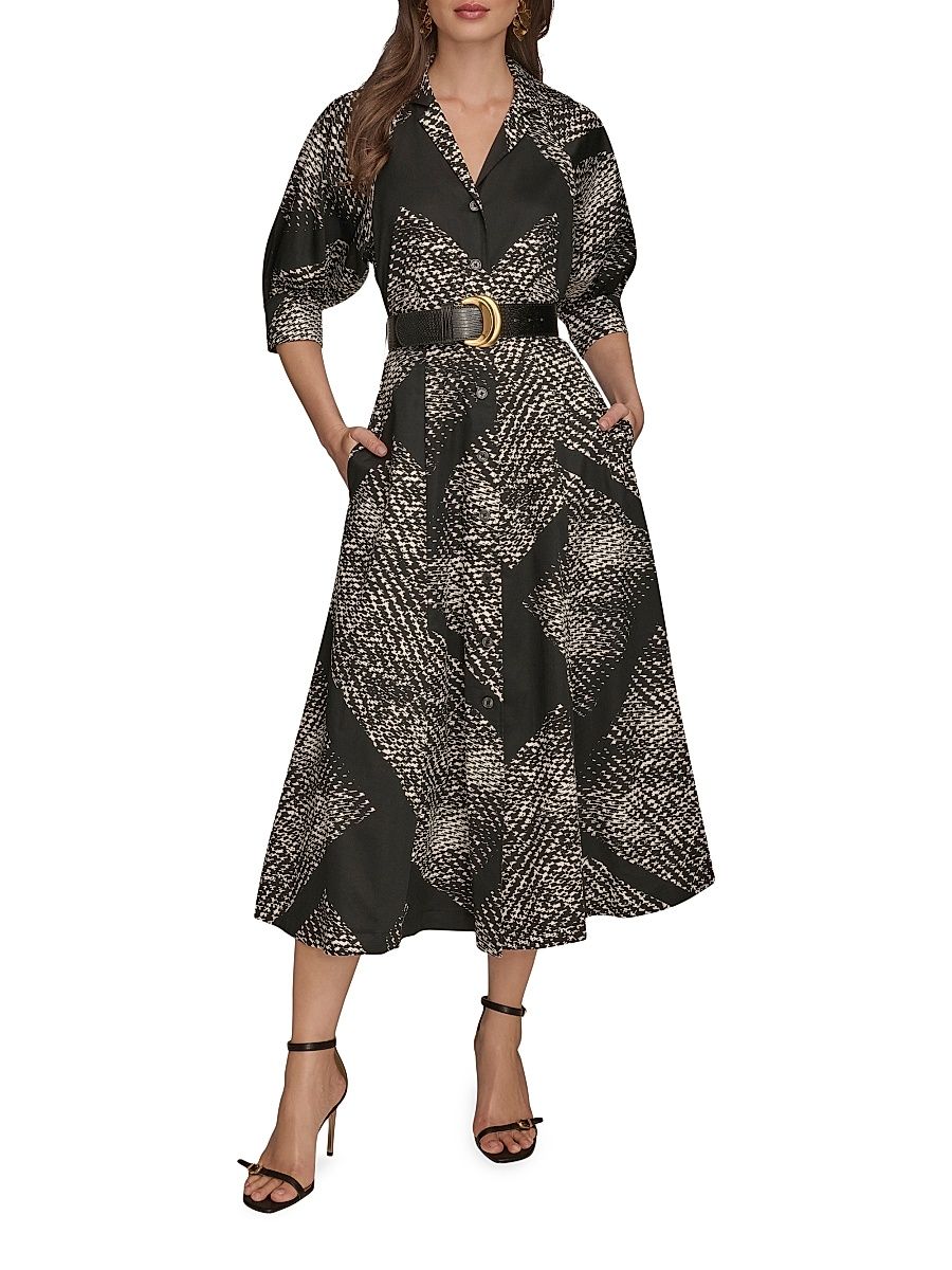 Women's Printed Sateen Midi-Shirtdress - Black Cream - Size 4