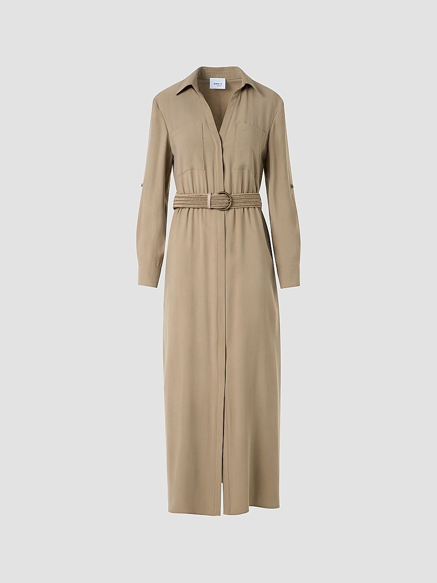 Women's Twill Belted Trench-Style Midi Dress - Beige - Size 16