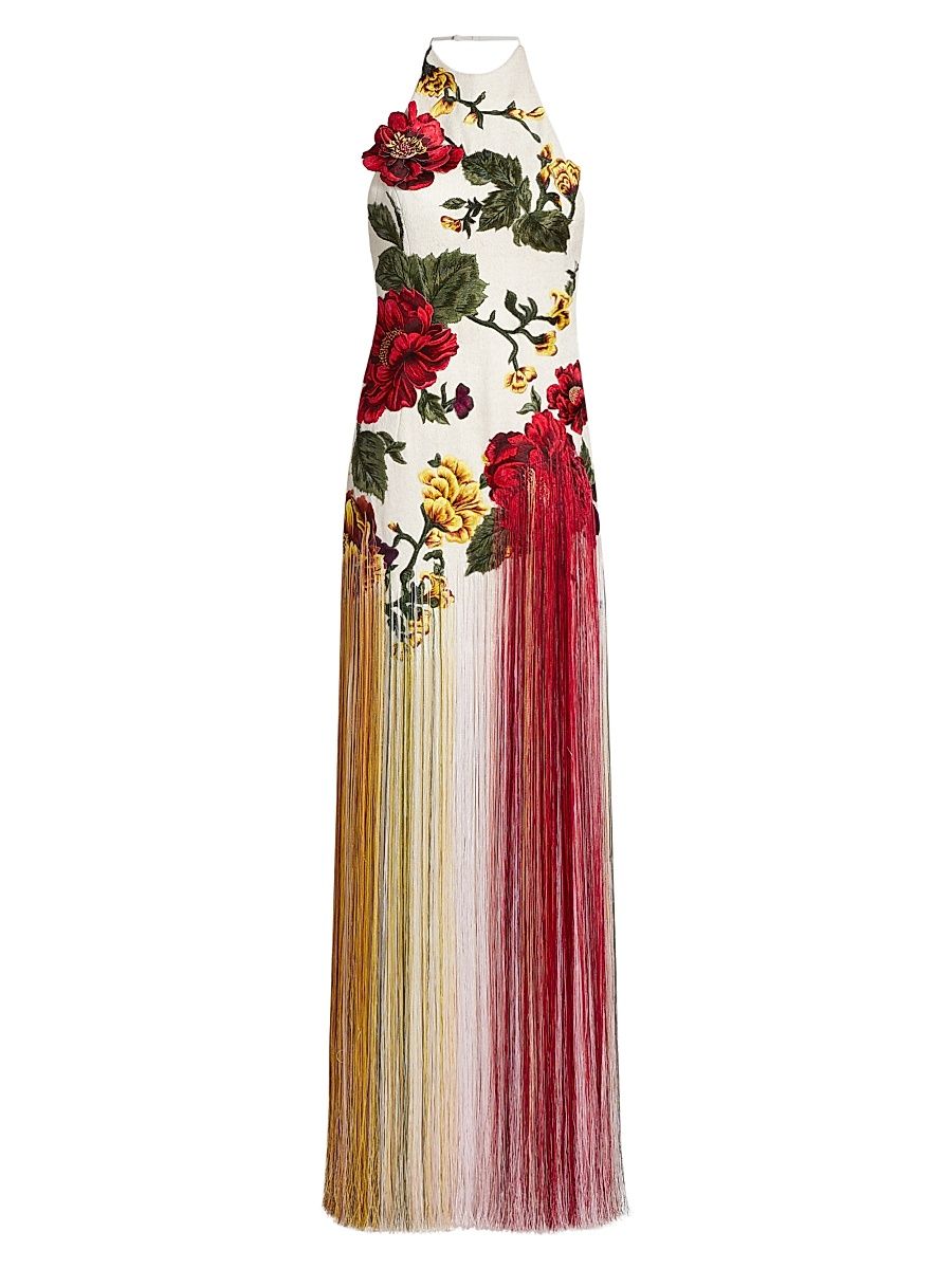 Women's Halterneck Embroidered Silk Gown - Ecru Multi - Size 8