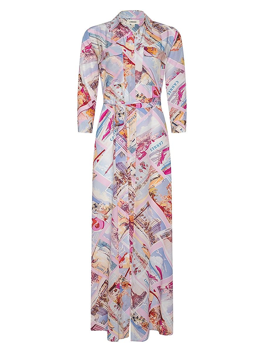 Women's Cameron Postcard-Print Silk Shirtdress - Light Pink Postcard Print - Size Large