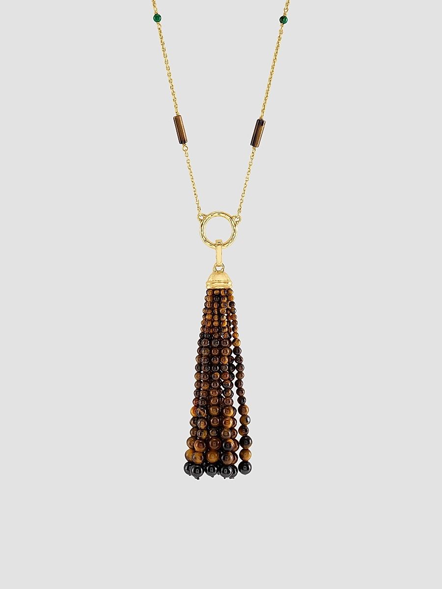 Women's Forza 18K-Gold-Plated, Tiger's Eye & Black Onyx Beaded Tassel Pendant - Black Onyx