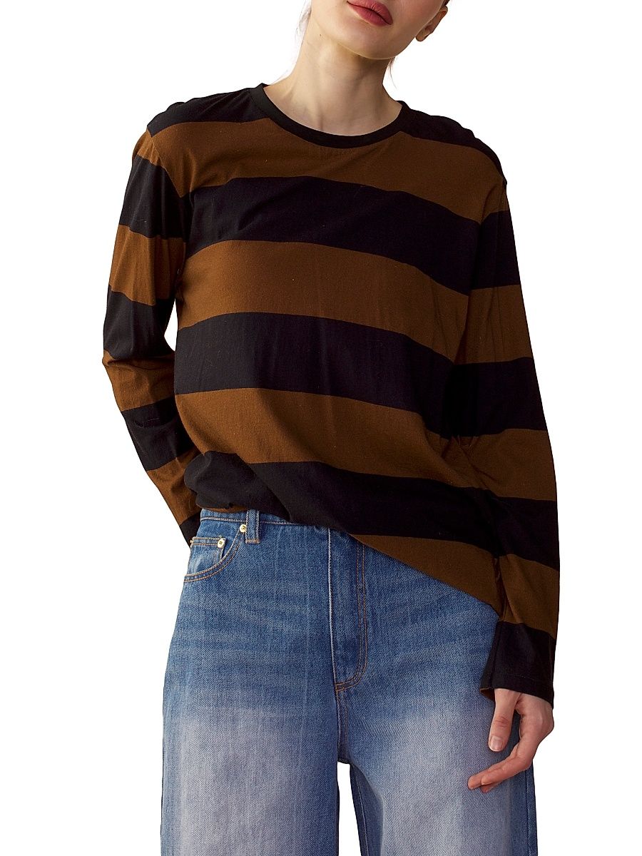 Women's Striped Long-Sleeve T-Shirt - Black Brown - Size Small