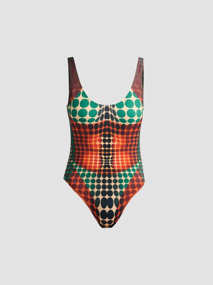 Jean Paul Gaultier Women's Re-Edition Cyber Dot One-Piece Swimsuit - Orange Blue Brown - Size Large