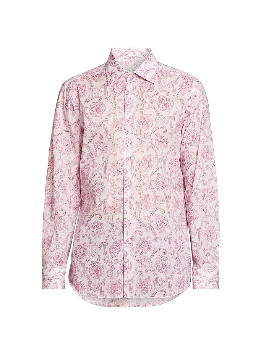 Men's Paisley Cotton Button-Front Shirt - Print On Pink Base - Size 16