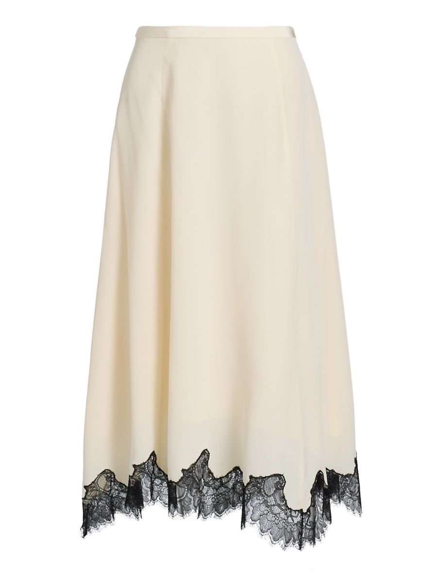 Women's Rosine Asymmetric Contrast Lace-Trimmed Silk Midi-Skirt - Creme - Size 12