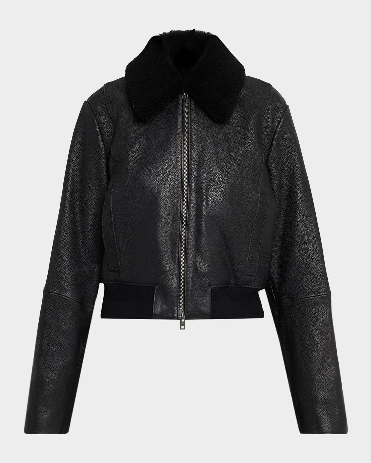 Shrunken Leather Jacket with Detachable Shearling Collar