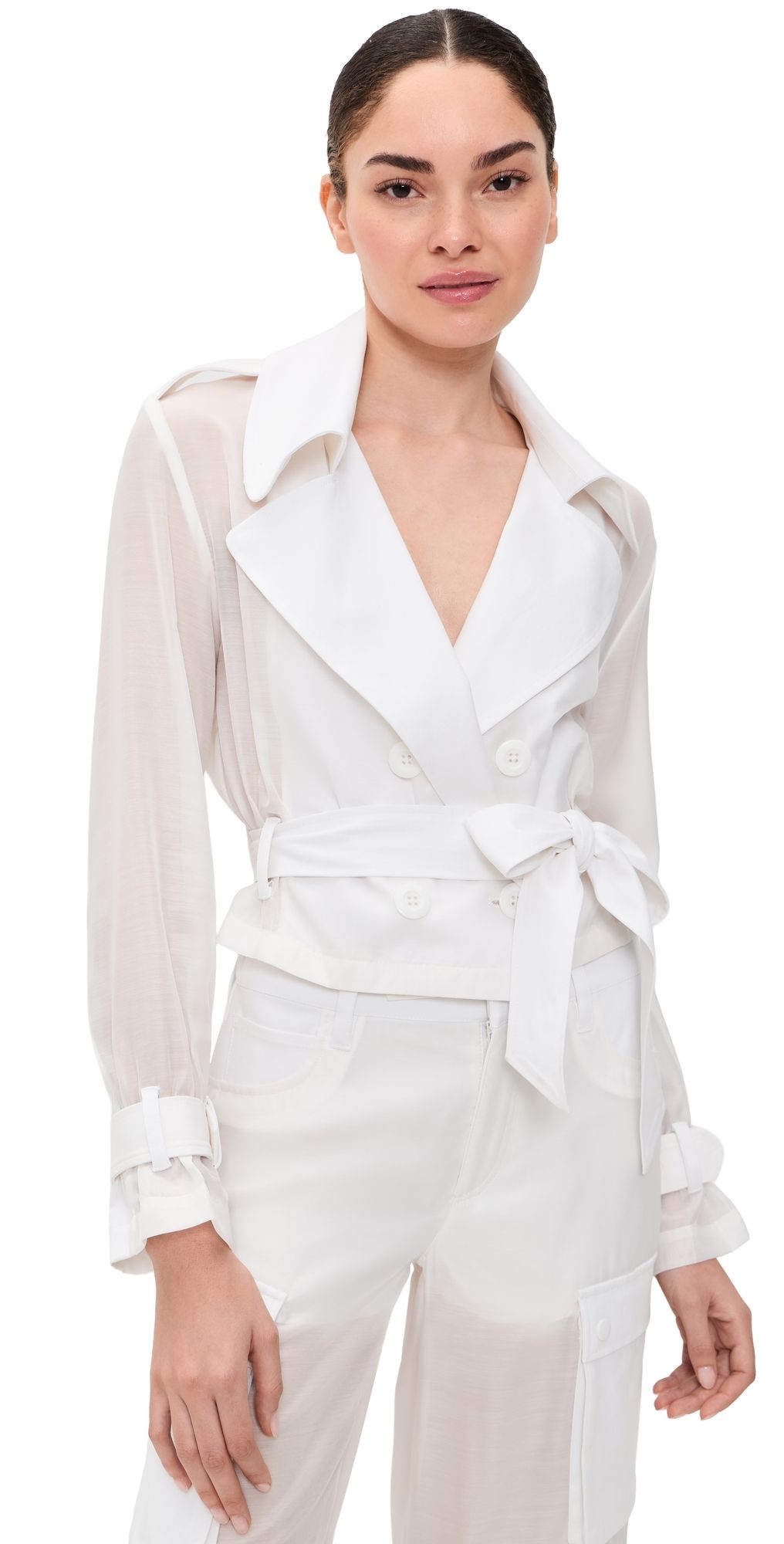 ALICE + OLIVIA Keith Sheer Combo Cropped Trench with Belt Off White S