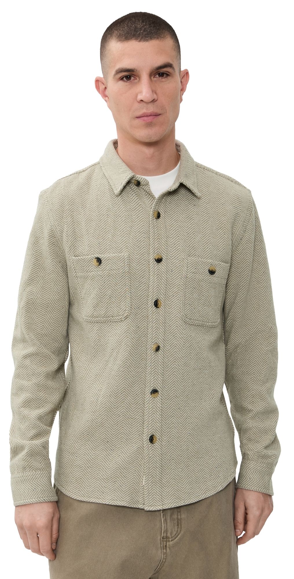 Marine Layer Pacifica Stretch Twill Overshirt Taupe Herringbone M