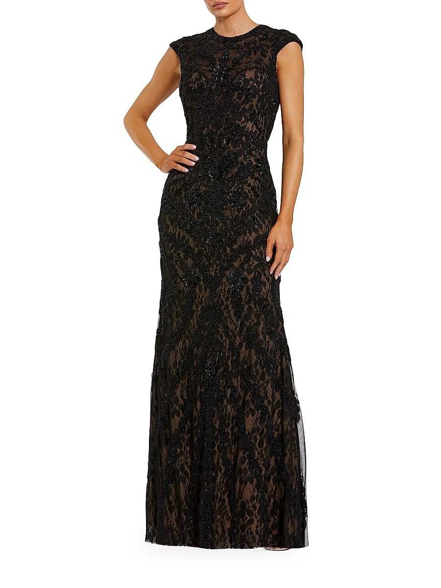 Women's Beaded Lace Cap-Sleeve Column Gown - Black Beige - Size 14