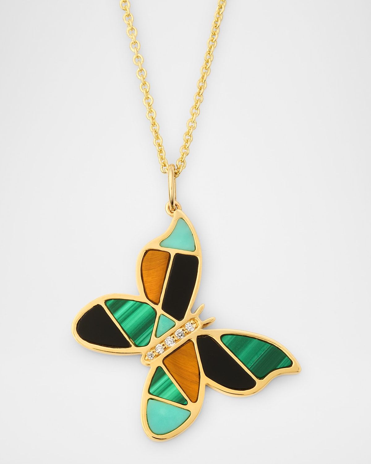 Mosaic Gemstone Butterfly Pendant with Diamonds on Tiffany Chain Necklace